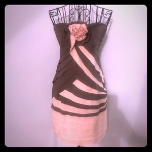 Strapless flirty layered cocktail dress w/ rose